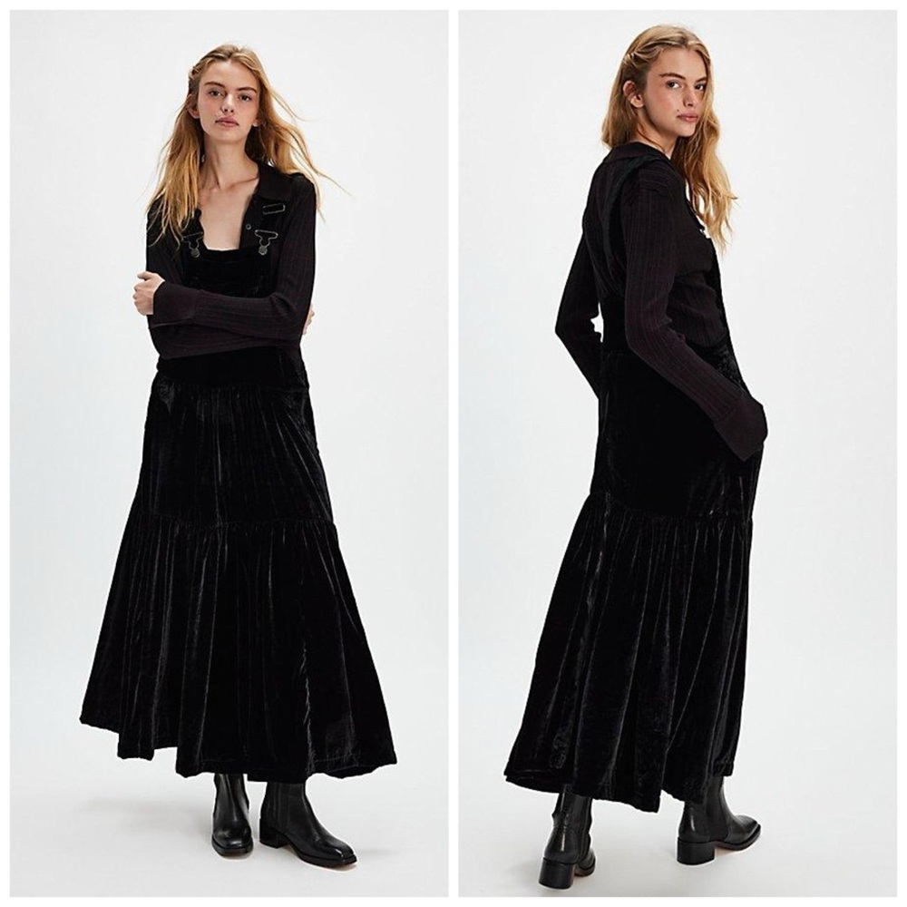 Free People Moonbeam Skirtall Midi Dress Velvet Black Small